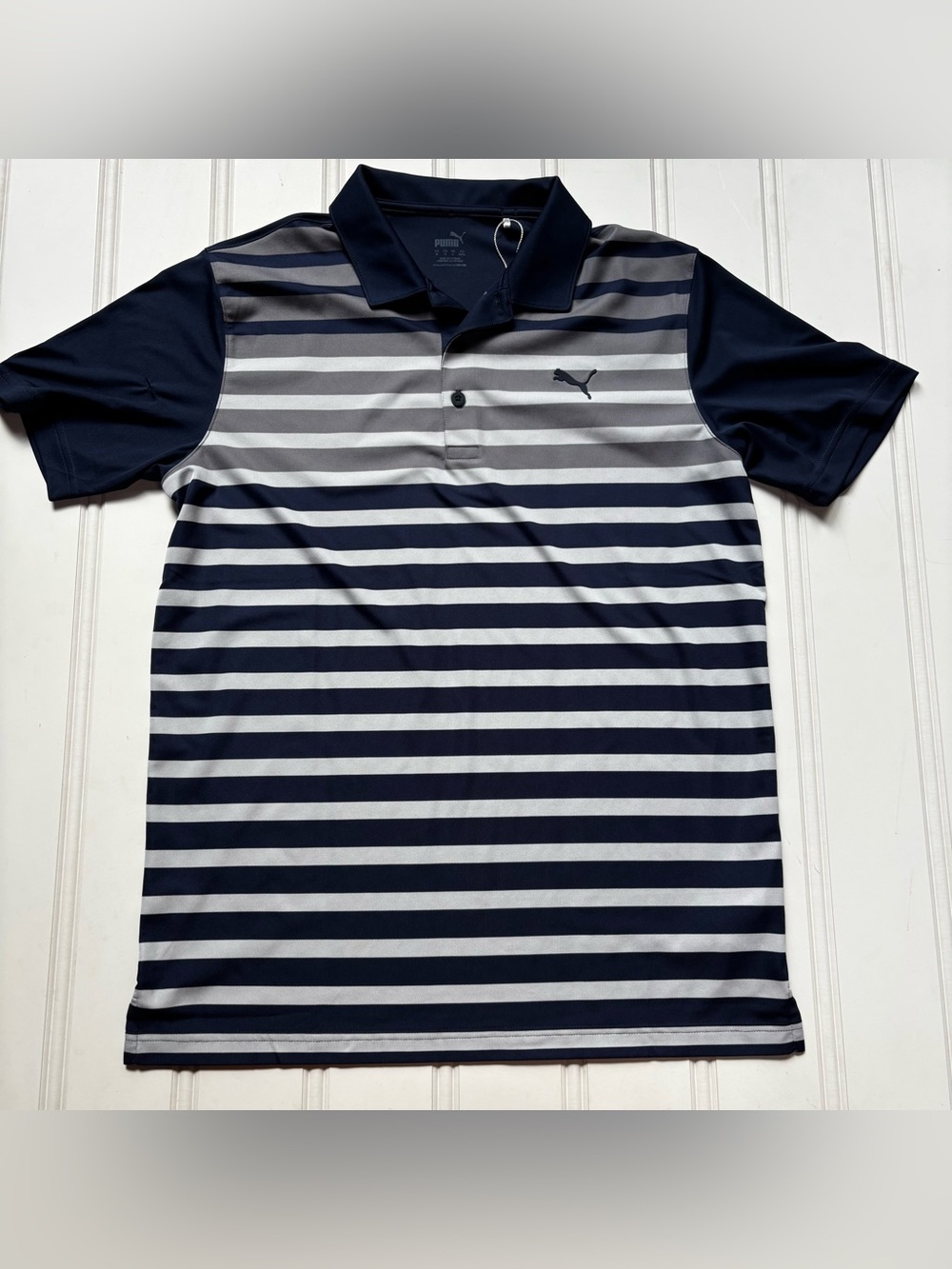 Puma Men’s Navy and Gray Striped Golf Polo Sz medium